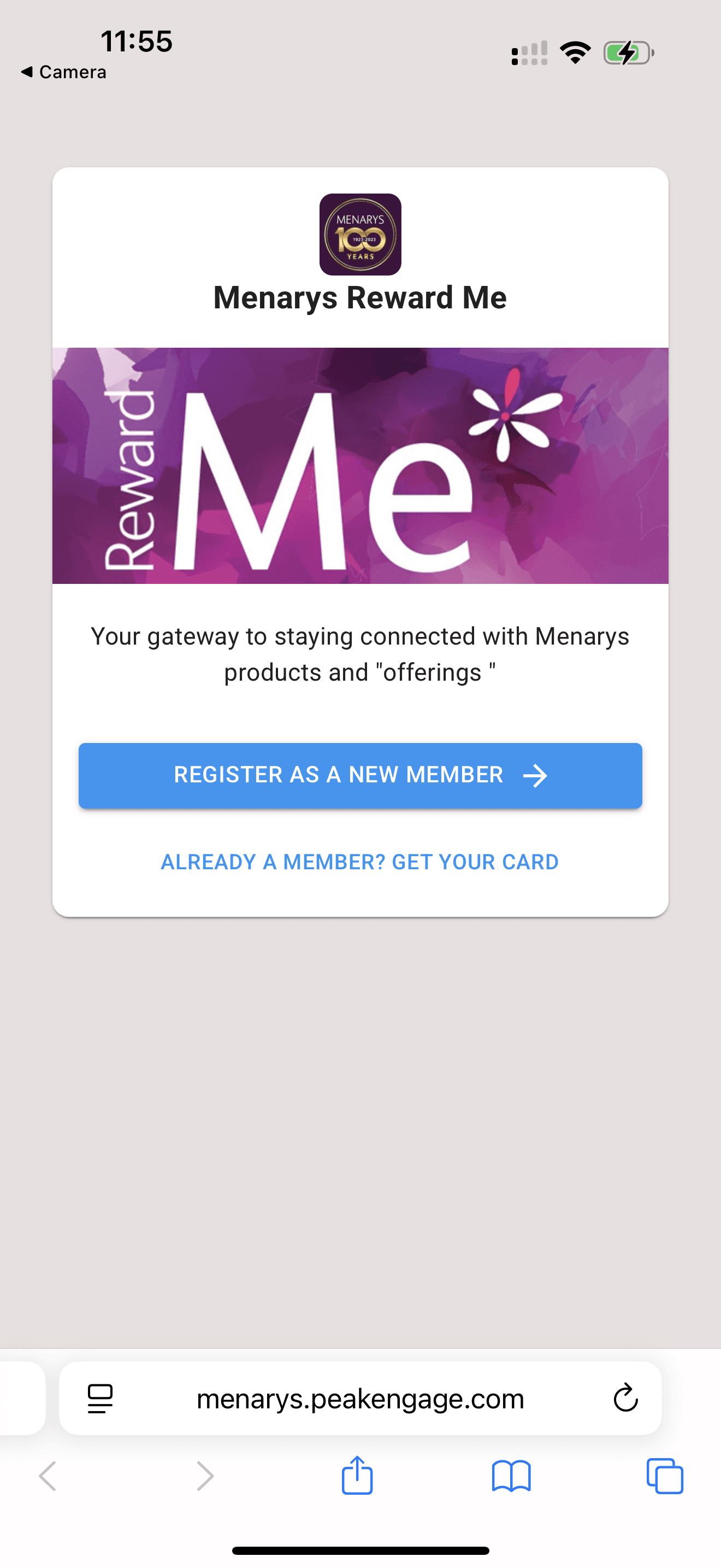 Register or get your card page