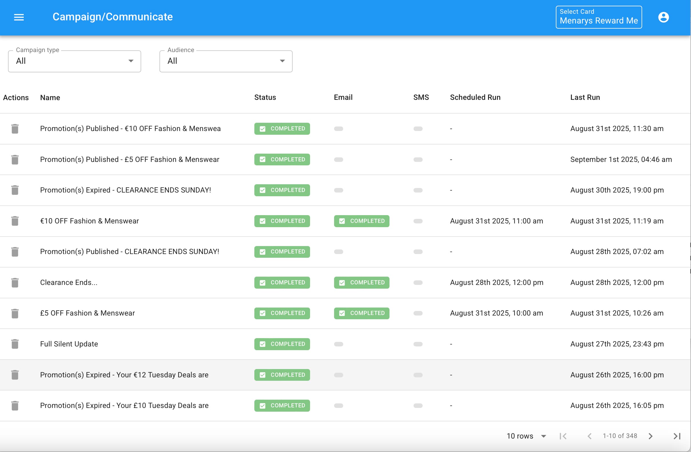 Campaign list page showing all campaigns