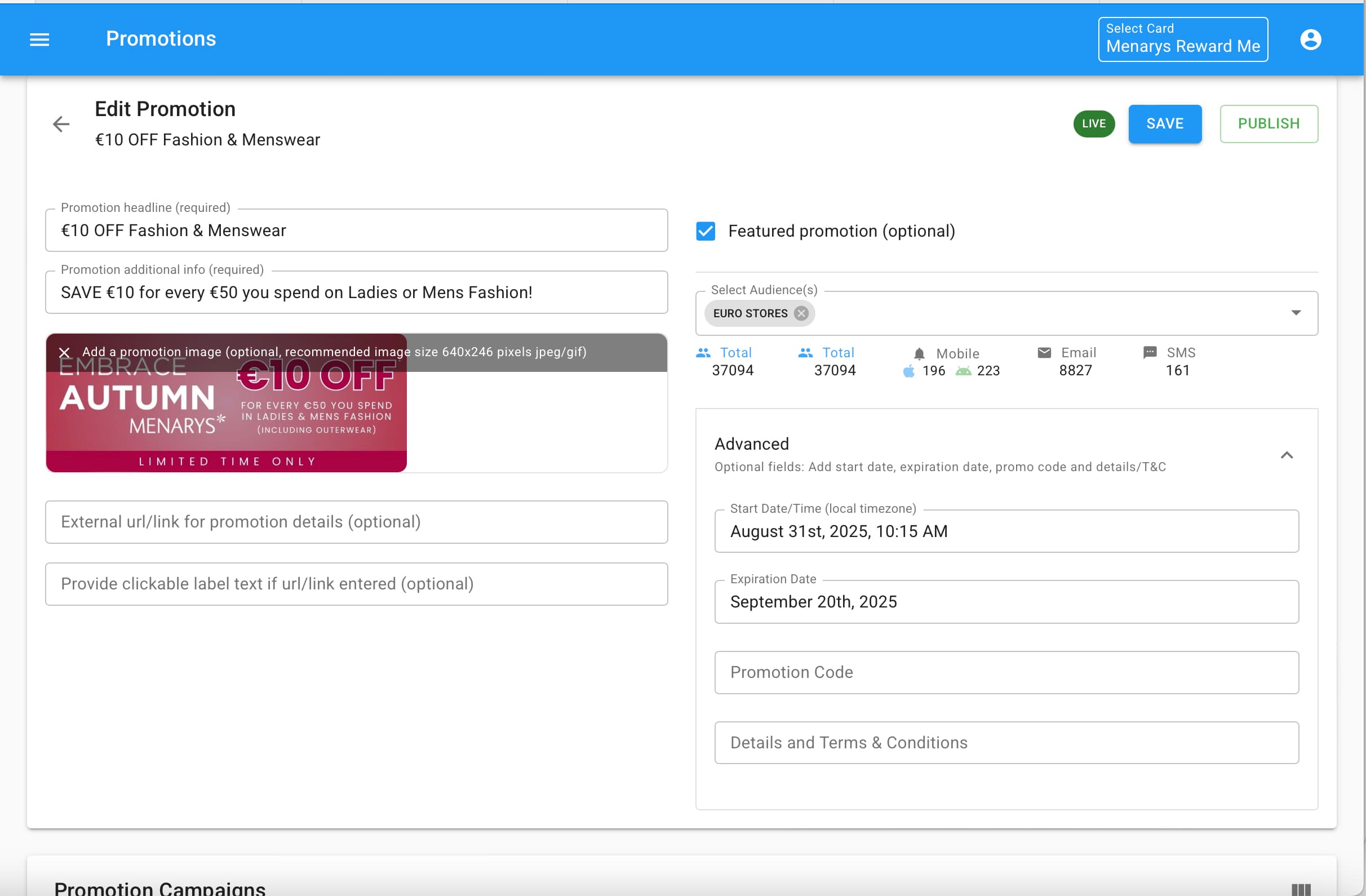 Promotion editing interface
