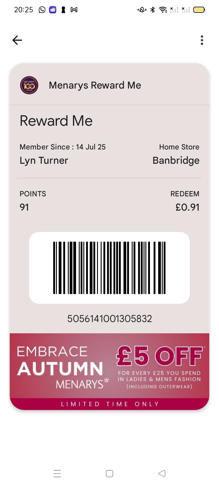 Menarys RewardMe pass in Google Wallet